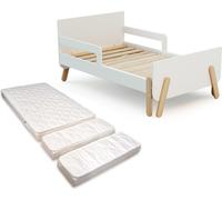 WEBABY - Cama infantil extensible de madera 80x140-165-190 PIRATE con colchón - Blanco, Cama convertible en 3 longitudes, Somier de láminas, barreras anticaída, compacta