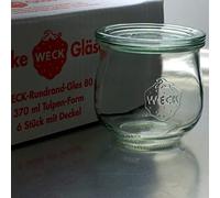 WECK Vasos de 370 ml, juego de 6 con tapas, forma de tulipán, robustos, apilables, ideales para preparar comida, oats, postres y mermeladas, reutilizables, fabricados en Alemania