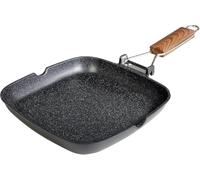 WECOOK! Ecochef Grill Asador Inducción Liso 28 X 28cm, Antiadherente QUANTANIUM sin PFOA, Aluminio Fundido, 5mm Espesor, Mango Madera Plegable, Apta Todas las Cocinas Vitrocerámica, Gas