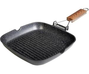 WECOOK! Ecochef Grill Asador Inducción Rayas 20 X 20cm, Antiadherente QUANTANIUM Ecológico sin PFOA, Aluminio Fundido, 5mm Espesor, Mango Madera Plegable, Apta Todas las Cocinas Vitrocerámica, Gas