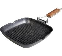 WECOOK! Ecochef Grill Asador Inducción Rayas 28 X 28cm, Antiadherente QUANTANIUM Ecológico sin PFOA, Aluminio Fundido, 5mm Espesor, Mango Madera Plegable, Apta Todas las Cocinas Vitrocerámica, Gas