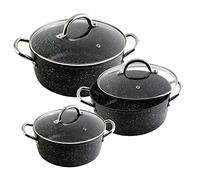 WECOOK! Granite Batería Cocina Inducción 6 Piezas Aluminio Forjado, 3 Ollas, 3 Tapas Vidrio, Antiadherente Ecológico Piedra sin PFOA, Asas Acero, Apta Todas Cocinas, Vitrocerámica, Gas, Horno, Negro