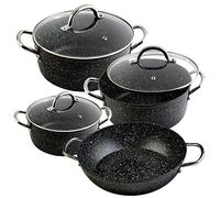 WECOOK Granite Batería Cocina Inducción 7 Piezas Aluminio Forjado, 4 Ollas, 3 Tapas Vidrio, Antiadherente Ecológico Piedra sin PFOA, Asas Acero, Vitrocerámica, Gas, Horno, Negro Moteado