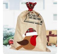 WedDecor Saco de arpillera de arpillera de Papá Noel, bolsa de Navidad grande de 50 cm x 70 cm con puño a cuadros rojos y diseño de fábrica de juguetes de Robin, saco rústico reutilizable para