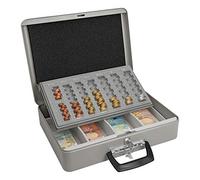 Wedo 149100812 - Caja metálica para dinero (2 llaves, soporte para monedas con marcas y desprendible, 4 compartimentos para billetes, chapado en acero, 37 x 29 x 11 cm), color gris