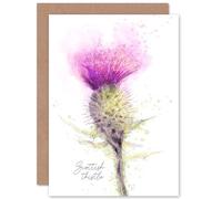 Wee Blue Coo Tarjeta de felicitación de cardo escocés, diseño de cabeza de flor, acuarela, Escocia