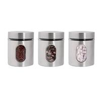 WEELOO Juego de tarros de cocina de acero inoxidable, 3 recipientes con tapa de seguridad y ventana de visualización, contenedor de alimentos de acero inoxidable, tanque de almacenamiento de alimentos