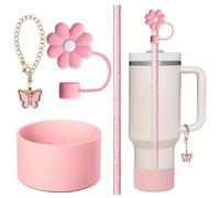 Weiara Juego de accesorios de taza rosa para Stanley Cup 30 oz 40oz Accesorios para tazas 4 piezas (Pajita de 11,8 pulgadas, tapa de pajita de flores, bonitos encantos para Stanley y botas de