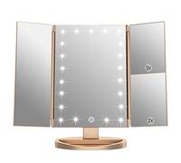 WEILY Espejo de Maquillaje,1x / 2X / 3X Espejo de Maquillaje de Tres Pliegues con 21 Luces LED y Pantalla táctil Ajustable Espejo Iluminado Tocador Espejos cosméticos de encimera (Oro)
