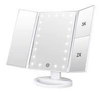 WEILY Espejo de Maquillaje, 1x / 2X / 3X Espejo de Maquillaje de Tres Pliegues con 21 Luces LED y Pantalla táctil Ajustable Espejo Iluminado Tocador Espejos cosméticos de encimera (Blanca)