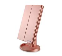 WEILY Espejo de Maquillaje, 1x / 2X / 3X Magnificación Triple Espejo Plegable Lámpara LED con 36 Luces LED Pantalla táctil y Carga USB Rotación de 180 Grados con mostrador (Oro Rosa)
