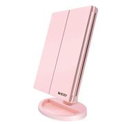 WEILY Espejo de Maquillaje, 1x / 2X / 3X Magnificación Triple Espejo Plegable Lámpara LED con 36 Luces LED Pantalla táctil y Carga USB Rotación de 180 Grados con mostrador (Rosa)