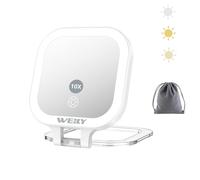 WEILY Espejo Maquillaje con Luz, 1X/10x Doble Cara Espejo Aumento, Espejo de Viaje con 3 Luces de Color y Control Táctil, Espejo de Mano Portátil Recargable por USB (Blanco)