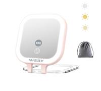 WEILY Espejo Maquillaje con Luz, 1X/10x Doble Cara Espejo Aumento, Espejo de Viaje con 3 Luces de Color y Control Táctil, Espejo de Mano Portátil Recargable por USB (Rosa)