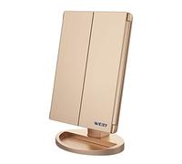 WEILY Espejo Maquillaje con Luz, Espejo Aumento con 1X/2X/3X, Espejo Led Plegable con 36 LED y Pantalla Táctil, Espejo de Mesa Soporte USB y Batería (Oro Rosa)