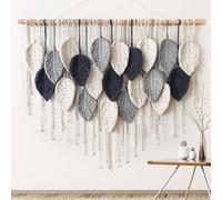 Weldomcor Macramé Tapiz Grande Tejido Tapiz Boho Macramé Hoja Decoración de Pared Pluma Chic Arte Tejido Para Dormitorio, Decoración de Salón, 100 cm Azul Marino