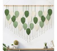 Weldomcor Macramé Tapiz Grande Tejido Tapiz Boho Macramé Hoja Decoración de Pared Pluma Chic Arte Tejido Para Dormitorio, Decoración de Salón, 130 cm Verde, Beige
