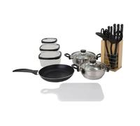 Batería de cocina de 18pc (Sartén/2 Cacerolas/Tabla de cortar/Tijeras/3 Utensilios/4 contenedores/5 cuchillos/Bloque de madera)