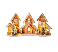 Well Home Decoración navideña: Casitas: Pueblo Navideño de Madera con 3 Casas LED y 4 Árboles Nevados, Luz Blanco Cálido, Temporizador 6H 48x11x24 cm