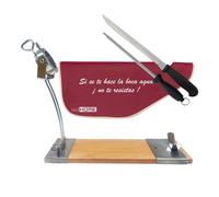 Well Home Jamonero IBERIA Luxe en madera y acero inox + Set de cuchillo jamonero (25cm) y Chaira (21cm) + Funda para Jamón 'Tiberic' Burdeos