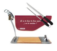 Well Home Jamonero IBERIA Luxe en madera y acero inox + Set de cuchillo jamonero (25cm) y Chaira (21cm) + Funda para Jamón 'Tiberic' Burdeos