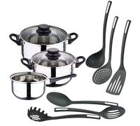 Well Home Juego de Batería de cocina de 5Pc en acero inoxidable + 6 Utensilios básicos de cocina en PBT negro