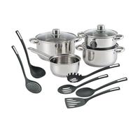 Well Home Juego de Batería de cocina de 7Pc en acero inoxidable + 6 Utensilios básicos de cocina en PBT negro