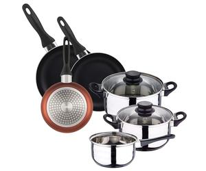 WELL HOME MOBILIARIO & DECORACIÓN Batería de cocina 5pc acero inoxidable + Set 3 sartenes 16/20/24 aluminio prensado, cobre metalizado