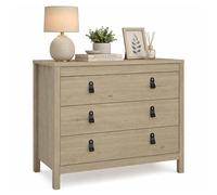 WELL HOME MOBILIARIO & DECORACIÓN Cómoda con 3 Cajones Guadalquivir, Cajonera para Dormitorio, Tiradores de Metal y Cuero incluidos, Color Jackson Hickory, 83 x 39 x 80 cm