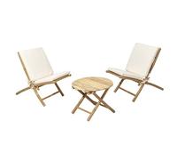 WELL HOME MOBILIARIO & DECORACIÓN Conjunto Mesa y sillas Jardin terraza Exterior, Plegable: Set Bistro 3 Piezas bambú Natural 2 sillas sin Brazos con Cojines 5cm + Mesa Ø45cm, Blanco Roto