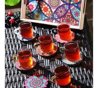WELL HOME MOBILIARIO & DECORACIÓN Conjunto para el té de 13 piezas: tazas de té en borosilicato, con reposavasos de madera y bandeja 21x31x4cm