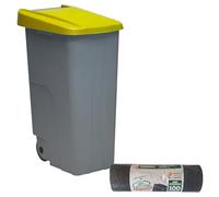 WELL HOME MOBILIARIO & DECORACIÓN Contenedor Cerrado 85L Amarillo H.76cm + Rollo 10 bolsas de basura 100L