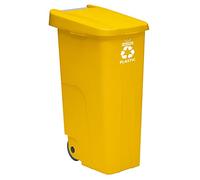 WELL HOME MOBILIARIO & DECORACIÓN Contenedor Reciclo 110 litros, Cerrado con Tapa, Ideal para Reciclaje de plásticos, con Ruedas, Amarillo, 110 L