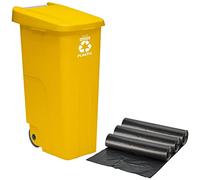 WELL HOME MOBILIARIO & DECORACIÓN Contenedor Wellhome Reciclo 110 litros, Cerrado con Tapa, Ideal para Reciclaje de plásticos, con Ruedas + 3X Bolsas de Basura de 10 Unidades, Amarillo