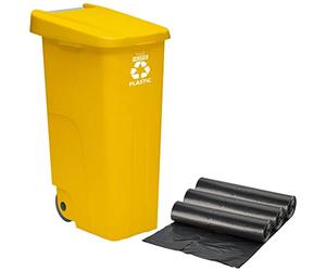 WELL HOME MOBILIARIO & DECORACIÓN Contenedor Wellhome Reciclo 110 litros, Cerrado con Tapa, Ideal para Reciclaje de plásticos, con Ruedas + 3X Bolsas de Basura de 10 Unidades, Amarillo