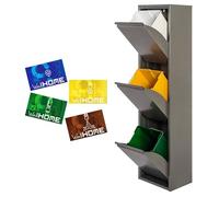 Wellhome Cubo de basura y reciclaje metálico 3 compartimentos 51L 4 etiquetas magnéticas Gris brillo