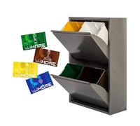 WELL HOME MOBILIARIO & DECORACIÓN Cubo de basura y reciclaje Metálico de 4 compartimentos + 4 etiquetas magnéticas, 4x17L (68L) Gris brillo