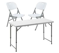 WELL HOME MOBILIARIO & DECORACIÓN Mesa Plegable Multifuncional de Altura Regulable 120x60x52,5-75 cm, y Set de 2 Sillas Plegables 51x45x85,5cm, Ideal para Exteriores