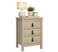 WELL HOME MOBILIARIO & DECORACIÓN Mesita de Noche Guadalquivir, Mesa Auxiliar con 3 Cajones, Tiradores de Metal y Cuero incluidos, Color Jackson Hickory, 44 x 39 x 70 cm