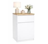 WELL HOME MOBILIARIO & DECORACIÓN Mesita de Noche, Mesa Auxiliar SIL Gloss White con 1 Puerta y 1 Cajón,Color Blanco Alto Brillo y Jackson Hickory, 41 x 40 x 70 cm