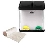 WELL HOME MOBILIARIO & DECORACIÓN Pack Cubo reciclaje ecológico 16L 2 compartimentos CON rollos bolsas de basura 20 bolsas de 10 L, reciclaje de basura / cubos de reciclaje, Papel, Vidrio y Plástico