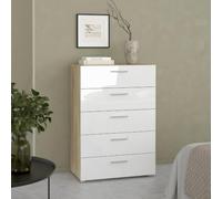 WELL HOME MOBILIARIO & DECORACIÓN Segre Cómoda 5 Cajones Roble Patinado y Blanco Alto Brillo 70x41x102 cm/Cajonera Moderna para Dormitorio con Diseño Elegante