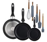 WELL HOME MOBILIARIO & DECORACIÓN Set 3 sartenes Wellhome 16/20/24 aluminio prensado+Set de 5 Utensilios de Cocina de Silicona y Madera de Acacia