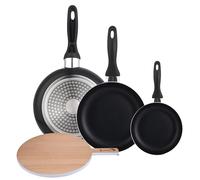 WELL HOME MOBILIARIO & DECORACIÓN Set 3 sartenes Wellhome 16/20/24 aluminio prensado+Tabla de corte Redonda de 38x28x1,5cm en madera de haya