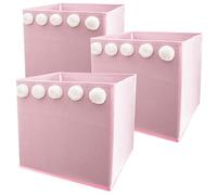 Wellhome Set de 3 cajas de almacenamiento infantil PK4141 – Rosa con pompones 29 x 29 x 29 cm
