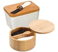 WELL HOME MOBILIARIO & DECORACIÓN Set DE MANTEQUERA con Tapa Y Cuchillo + Recipiente con Separador para LA Sal Y Pimienta con Cuchara Hecho EN CERÁMICA Y BAMBÚ.