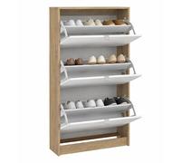 WELL HOME MOBILIARIO & DECORACIÓN Zapatero Abatible Segre Oak de 3 Compartimentos, Mueble Zapatero con 2 Niveles en Color Blanco y Roble patinado 71 x 25 x 124 cm