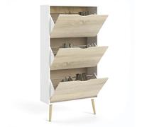 WELL HOME MOBILIARIO & DECORACIÓN Zapatero Moderno Tajo 3 Cajones Abatibles para Pasillo o Entrada, Color Blanco y Roble Patinado, 71 x 24 x 139 cm