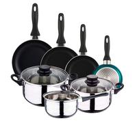 Well Home Pack Batería de cocina 5 Piezas en acero inoxidable + Sartenes Ø16Ø20Ø24Ø28cm Aluminio prensado Azul metalizado