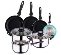 Well Home Pack Batería de cocina 5 Piezas en acero inoxidable + Sartenes Ø16Ø20Ø24Ø28cm Aluminio prensado Azul celeste